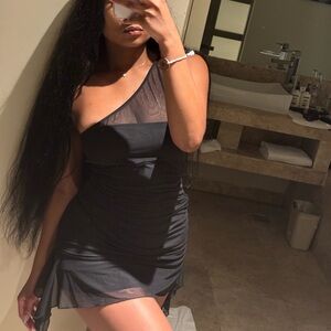 Oh Polly Mesh Overlay Black Mini Dress